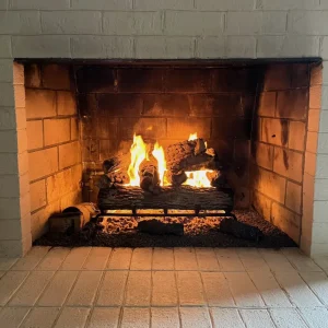 Routine gas fireplace service in Chesapeake, VA by Premier Chimney and Roofing, including inspection, cleaning, and burner adjustment by an NFI Certified technician.