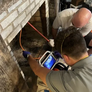 Two CSIA Certified Chimney Sweeps reviewing results after a rotary chimney cleaning in Virginia Beach.