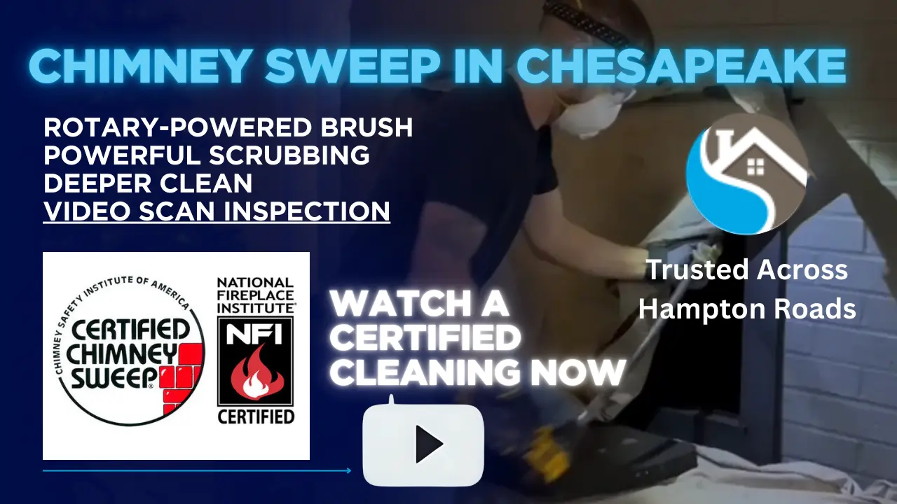 Chimney sweep in Chesapeake using rotary-powered brush for certified cleaning and video scan inspection.