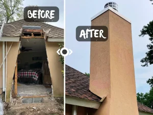 Prefabricated chimney rebuild before and after in Chesapeake, VA showing full structural repair and new stucco chimney finish.