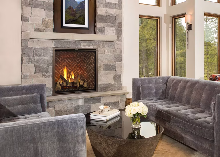 Majestic Marquis II 42-inch direct vent gas fireplace with Herringbone interior and Bronz front