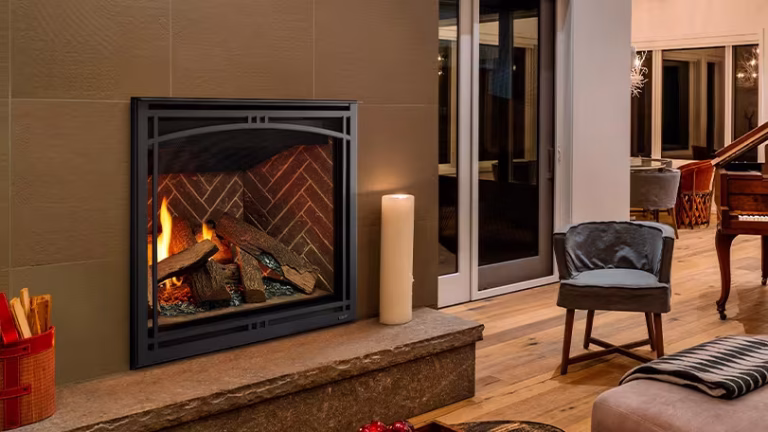 Majestic Meridian Platinum direct vent gas fireplace with LED ember lighting and herringbone brick interior