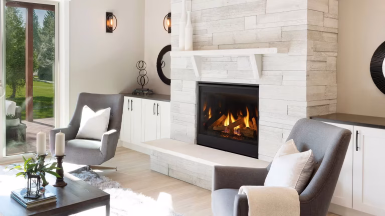 Majestic Quartz 36 direct vent gas fireplace with modern reflective interior and split oak logs